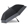 A black and grey umbrella with a curved handle and a noticeable logo on the canopy.