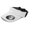 A black and white sports visor featuring a wide brim and an adjustable strap, with a logo displayed on the front.