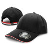 A black cap with a curved brim and a sporty design, featuring a logo and a contrasting band at the back.