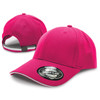 A pink cap featuring a curved brim and an adjustable strap, with a logo on the front.