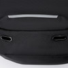 A black backpack featuring a sleek design with dual openings and a logo.