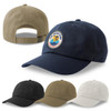 A collection of Dad Hats in navy, black, khaki, and cream, featuring a logo on the front of the navy cap.