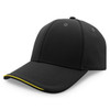A black cap with a curved brim and yellow detailing, featuring a logo.