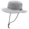A grey bucket hat featuring a wide brim and an adjustable drawstring. It has a logo on the side.