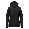 A black women's hooded softshell jacket featuring a front zipper and a chest pocket, with a logo on it.