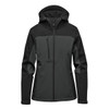 A women's hooded softshell jacket in dark green and black, featuring a front zip, pockets, and a hood.