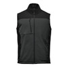 A men's softshell vest in green and black, featuring a zip front and side pockets, with a logo.