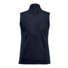 A women's navy softshell vest with a high collar, zippered pockets, and a subtle logo.
