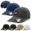 A collection of caps in navy, olive, black, khaki, and white, featuring a logo on the front of each.