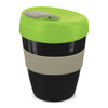 A drink bottle featuring a black base with a green lid and a beige silicone band. It has a logo on the side.