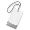 A luggage tag with a clear white surface and a gray bottom, featuring a sturdy strap for attachment.