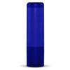 A blue lip balm container with a cylindrical shape and a clear base. It features a simple design and a logo.