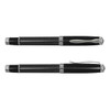 A sleek black rolling ball pen with a carbon fibre grip and chrome accents, featuring a polished clip and branding.