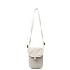 A small size canvas shoulder bag in cream colour with a flap and adjustable strap. It features a logo.