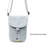 A small grey canvas shoulder bag with a flap and a key holder attached, featuring a simple design.