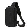 A black anti-theft sling bag with multiple compartments and a padded shoulder strap, featuring a logo.
