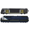 A 2D custom USB flash drive shaped like a train, featuring grey, yellow, and blue colours, with a logo present.
