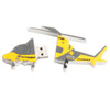 A yellow and grey helicopter-shaped USB flash drive with a logo, presented in two sections.