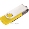 A USB flash drive featuring a silver body with a bright yellow cap and a logo.