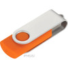 A silver and orange USB flash drive with a rotating mechanism and a circular button. It features a logo.