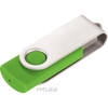 A green and silver rotate USB flash drive with a circular button, featuring a sleek, modern design.