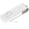 A white USB flash drive with a silver casing, featuring a logo on one side.