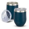 A drink bottle duo featuring dark teal powder-coated exterior and silver stainless steel rim, with a clear lid.