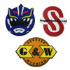 Three custom PVC coasters in various designs: a blue character face, a red logo, and a yellow circular emblem.