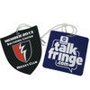 Custom-shaped PVC luggage tags featuring a shield design in black and a square design in blue, each with a logo.