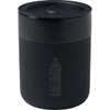 A black ceramic tumbler with a silicone wrap and a lid, featuring a simple logo.