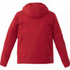 A red lightweight men's jacket with a hood and logo, featuring a simple and functional design.