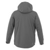 A grey rain jacket with a hood, featuring a simple design and a logo on the back.