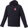 A navy blue insulated softshell jacket with a hood, featuring a logo and multiple zippered pockets.