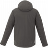 A dark grey insulated softshell jacket for men, featuring a hood and a branded logo.