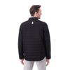 A black insulated shacket for men, featuring a logo on the back, with a collared design and long sleeves.