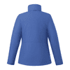 A blue women's packable insulated puffer jacket with a high collar and a logo on the side.