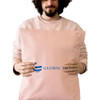 A person holds a large pink self-sealing plastic mailing bag featuring a logo.