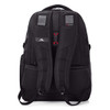 A black backpack with padded straps, featuring mesh detailing and a logo on the back.