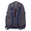 A navy and grey backpack featuring padded shoulder straps and a logo on the front.