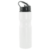 A drink bottle in white aluminium with a black cap and spout, featuring a logo.