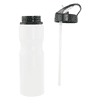 A drink bottle in white with a black lid and straw, featuring a logo design.