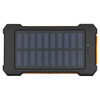 A solar power bank in black and orange with a textured surface and solar panel design. It features a logo.