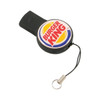 A black retractable Flashdrive with a circular logo featuring red and yellow elements. It has a keychain attachment.
