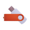 A USB flash drive featuring an orange swivel cover and a white casing, displaying a simple design.
