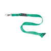 A green lanyard with a metal clip and adjustable buckle, designed to hold a USB flash drive.