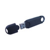 A black USB flash drive with a removable cap, designed for data storage. It features a circular hole for attachment.