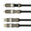 A grey and black fast charging cable with a digital display, featuring multiple connector types and a sleek design.