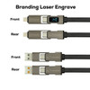 A fast charging cable with a black and grey design, featuring both USB and Lightning connectors and a branding area.