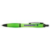 A green pen with a transparent body and a branding logo on the side.