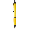 A pen featuring a transparent yellow barrel and black accents, complete with a clip and a logo.